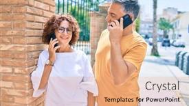  Presentation with wall street - Audience pleasing PPT theme consisting of middle-age-couple-talking backdrop and a coral colored foreground