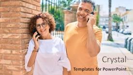  Presentation with wall street - Colorful presentation theme enhanced with middle-age-couple-talking backdrop and a coral colored foreground