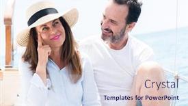  Presentation with sailboat - Presentation design consisting of middle age couple traveling on sailboat serious face thinking about question very confused idea background and a sky blue colored foreground