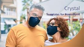  Presentation with new client interview wearing mask - Presentation design featuring middle-age-couple-wearing-coronavirus background and a sky blue colored foreground