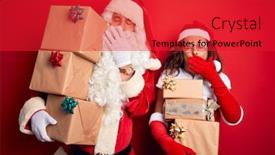  Presentation with sleepiness - Presentation with middle age couple wearing santa costume holding tower of gifts over isolated red background bored yawning tired covering mouth with hand restless and sleepiness background and a red colored foreground