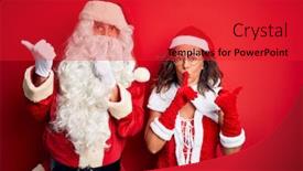  Presentation with lips - Slide set enhanced with middle age couple wearing santa costume and glasses over isolated red background asking to be quiet with finger on lips pointing with hand to the side silence and secret concept background and a red colored foreground
