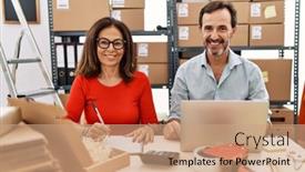  Presentation with working - Presentation theme with middle-age-couple-working background and a  colored foreground