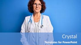  Presentation with curly hair - PPT theme featuring middle-age-curly-hair-doctor background and a teal colored foreground