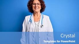  Presentation with curly hair - Presentation design consisting of middle-age-curly-hair-doctor background and a teal colored foreground