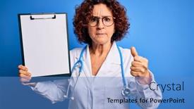  Presentation with clipboard stethoscope - Audience pleasing slide set consisting of middle-age-curly-hair-doctor backdrop and a teal colored foreground