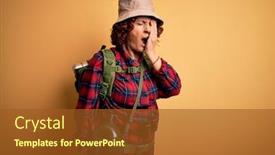  Presentation with canteen - Presentation theme featuring middle-age-curly-hair-hiker background and a tawny brown colored foreground