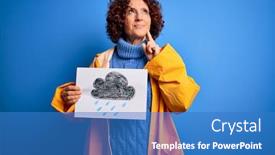  Presentation with banner blue - Presentation design enhanced with middle-age-curly-hair-woman background and a teal colored foreground