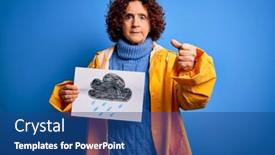  Presentation with banner blue - Slide deck consisting of middle-age-curly-hair-woman background and a ocean colored foreground