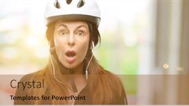  Presentation with cyclist - Slide deck consisting of middle age cyclist woman using earphones scared in shock expressing panic and fear background and a red colored foreground