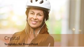  Presentation with cyclist - Presentation design having middle age cyclist woman using earphones with crossed arms confident and happy with a big natural smile laughing background and a gold colored foreground