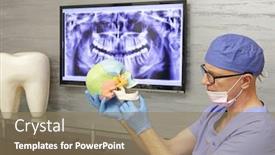  Presentation with treatment - Colorful slide set enhanced with middle-age-dentist-preparing-treatment backdrop and a coral colored foreground