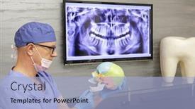  Presentation with treatment - Slide deck having middle-age-dentist-preparing-treatment background and a light blue colored foreground