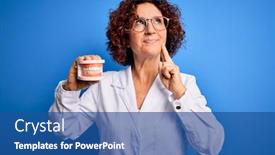  Presentation with denture - Theme enhanced with middle-age-dentist-woman-wearing background and a ocean colored foreground
