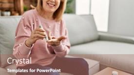  Presentation with glucometer - Beautiful presentation theme featuring middle-age-diabetic-woman-measuiring backdrop and a  colored foreground