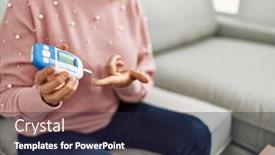  Presentation with glucometer - PPT theme featuring middle-age-diabetic-woman-measuiring background and a wine colored foreground