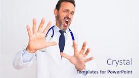  Presentation with panic - Colorful presentation design enhanced with middle-age-doctor-man-wearing backdrop and a sky blue colored foreground