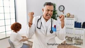  Presentation with clinic - Presentation theme featuring middle-age-doctor-man background and a mint green colored foreground