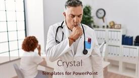  Presentation with patient care - Presentation design having middle-age-doctor-man background and a mint green colored foreground