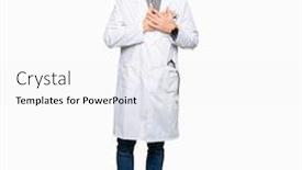  Presentation with men health - Colorful presentation theme enhanced with middle age doctor men wearing medical coat smiling with hands on chest with closed eyes and grateful gesture on face health concept backdrop and a white colored foreground