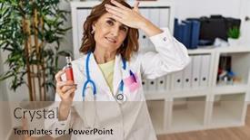  Presentation with medical hand - PPT theme consisting of middle-age-doctor-woman-holding background and a coral colored foreground