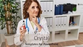  Presentation with medical hand - Presentation theme enhanced with middle-age-doctor-woman-holding background and a coral colored foreground