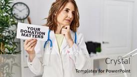  Presentation with donation - Slide deck consisting of middle-age-doctor-woman-holding background and a light gray colored foreground