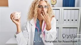  Presentation with piggy bank - Presentation theme consisting of middle-age-doctor-woman-holding background and a  colored foreground
