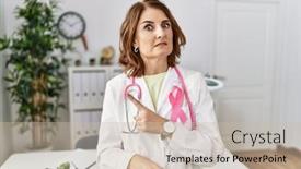  Presentation with pink ribbon - PPT theme featuring middle-age-doctor-woman-wearing background and a soft green colored foreground