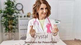  Presentation with pink ribbon hands - Presentation theme with middle-age-doctor-woman-wearing background and a soft green colored foreground