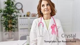  Presentation with pink ribbon - Presentation design enhanced with middle-age-doctor-woman-wearing background and a  colored foreground