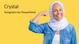  Presentation with great idea - Amazing slides having middle age eastern arab woman wearing arabian hijab isolated background smiling pointing head one finger great idea thought good memory backdrop and a yellow colored foreground