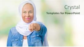  Presentation with violence woman - Beautiful slides featuring middle age eastern arab woman wearing arabian hijab over isolated background punching fist to fight aggressive and angry attack threat and violence backdrop and a soft green colored foreground