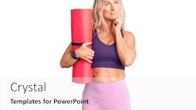  Presentation with question - Presentation theme having middle-age-fit-blonde-woman background and a sky blue colored foreground