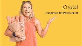  Presentation with paper bag - Slide deck enhanced with middle-age-fit-blonde-woman background and a yellow colored foreground