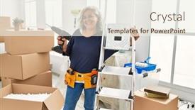  Presentation with new home - Slide set featuring middle-age-grey-haired-handywoman background and a sky blue colored foreground