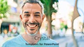  Presentation with city street - Colorful PPT theme enhanced with middle-age-grey-haired-man backdrop and a light blue colored foreground