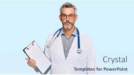  Presentation with clipboard stethoscope - PPT layouts with middle-age-grey-haired-man background and a sky blue colored foreground