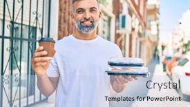  Presentation with food city - PPT theme with middle-age-grey-haired-man background and a light blue colored foreground