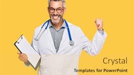  Presentation with clipboard stethoscope - PPT theme with middle-age-grey-haired-man background and a yellow colored foreground