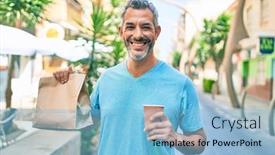  Presentation with deliver - Presentation design consisting of middle-age-grey-haired-man background and a light blue colored foreground