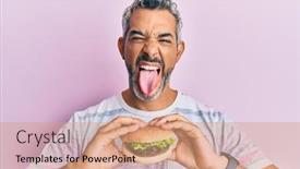  Presentation with eating - Slide deck enhanced with middle-age-grey-haired-man background and a coral colored foreground