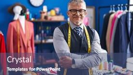  Presentation with clothing factory - Slide deck featuring middle-age-grey-haired-man background and a ocean colored foreground