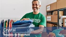  Presentation with volunteer - PPT theme having middle-age-grey-haired-man background and a ocean colored foreground