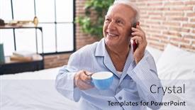  Presentation with grey - Presentation theme having middle-age-grey-haired-man background and a light blue colored foreground