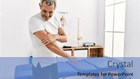  Presentation with rehab - PPT layouts enhanced with middle-age-grey-haired-man background and a teal colored foreground