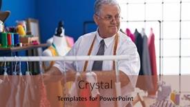  Presentation with clothes shop - Presentation theme having middle-age-grey-haired-man background and a violet colored foreground