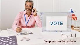  Presentation with president - Slide set enhanced with middle-age-grey-haired-man background and a sky blue colored foreground