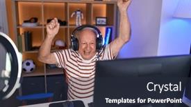  Presentation with streamer - Presentation theme featuring middle-age-grey-haired-man background and a tawny brown colored foreground