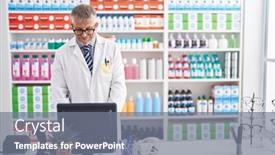  Presentation with pharmacist - PPT theme featuring middle-age-grey-haired-man background and a gray colored foreground